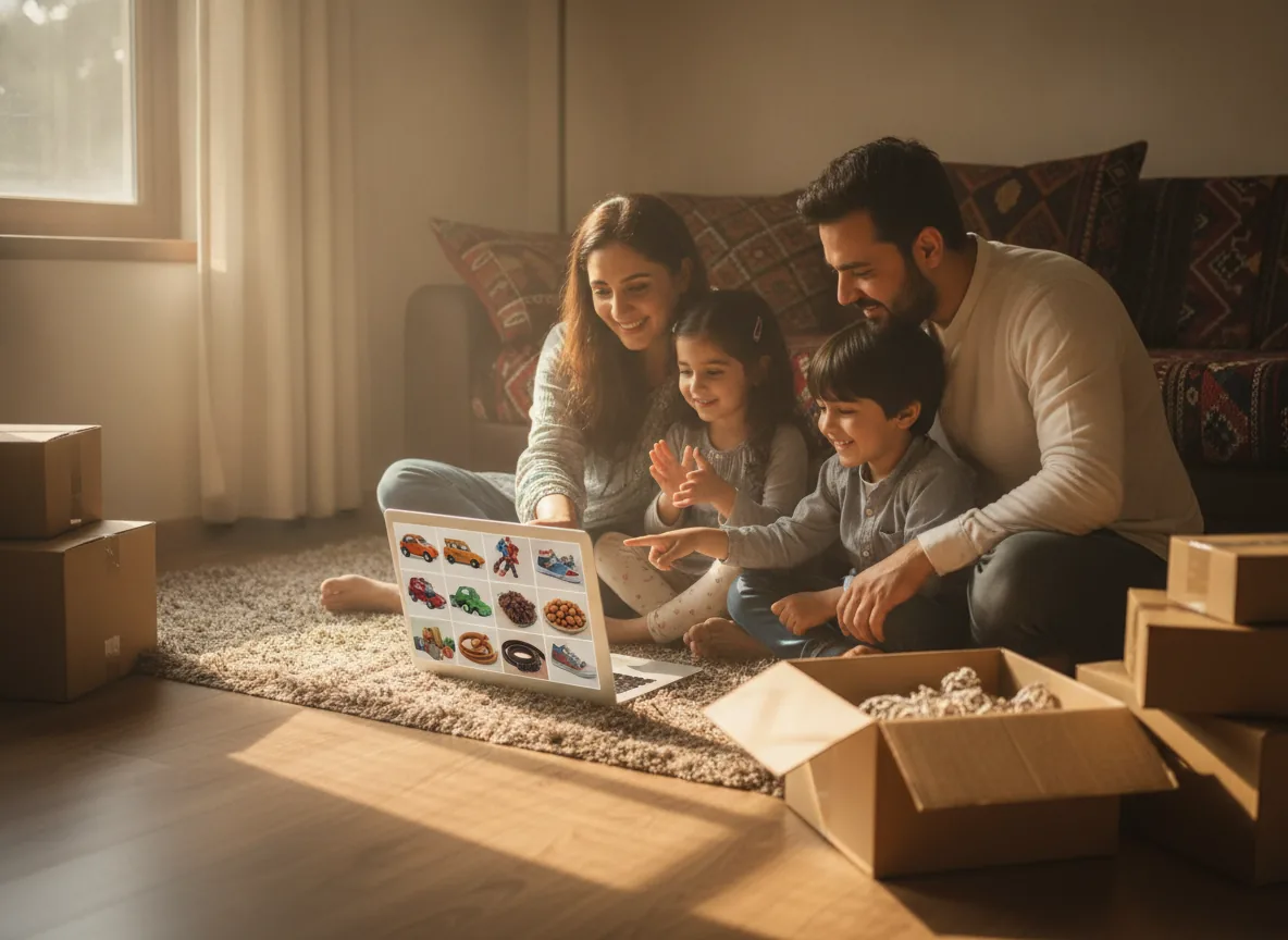 Happy Pakistani family shopping online together at home,