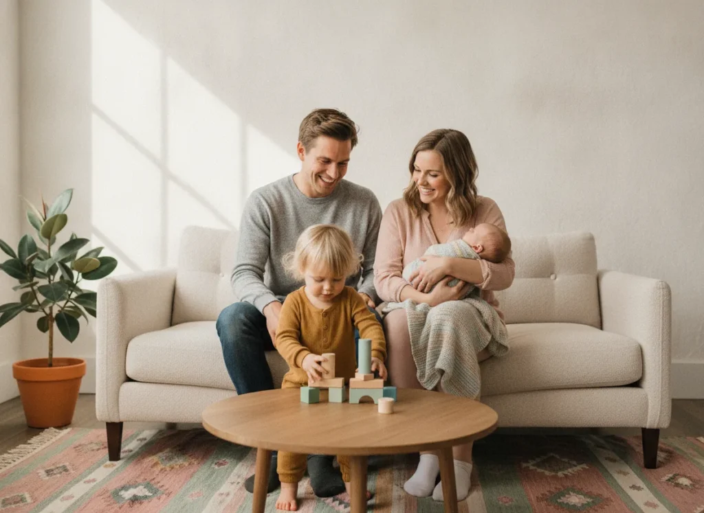 Warm family-lifestyle realism, cheerful and trustworthy mood, soft