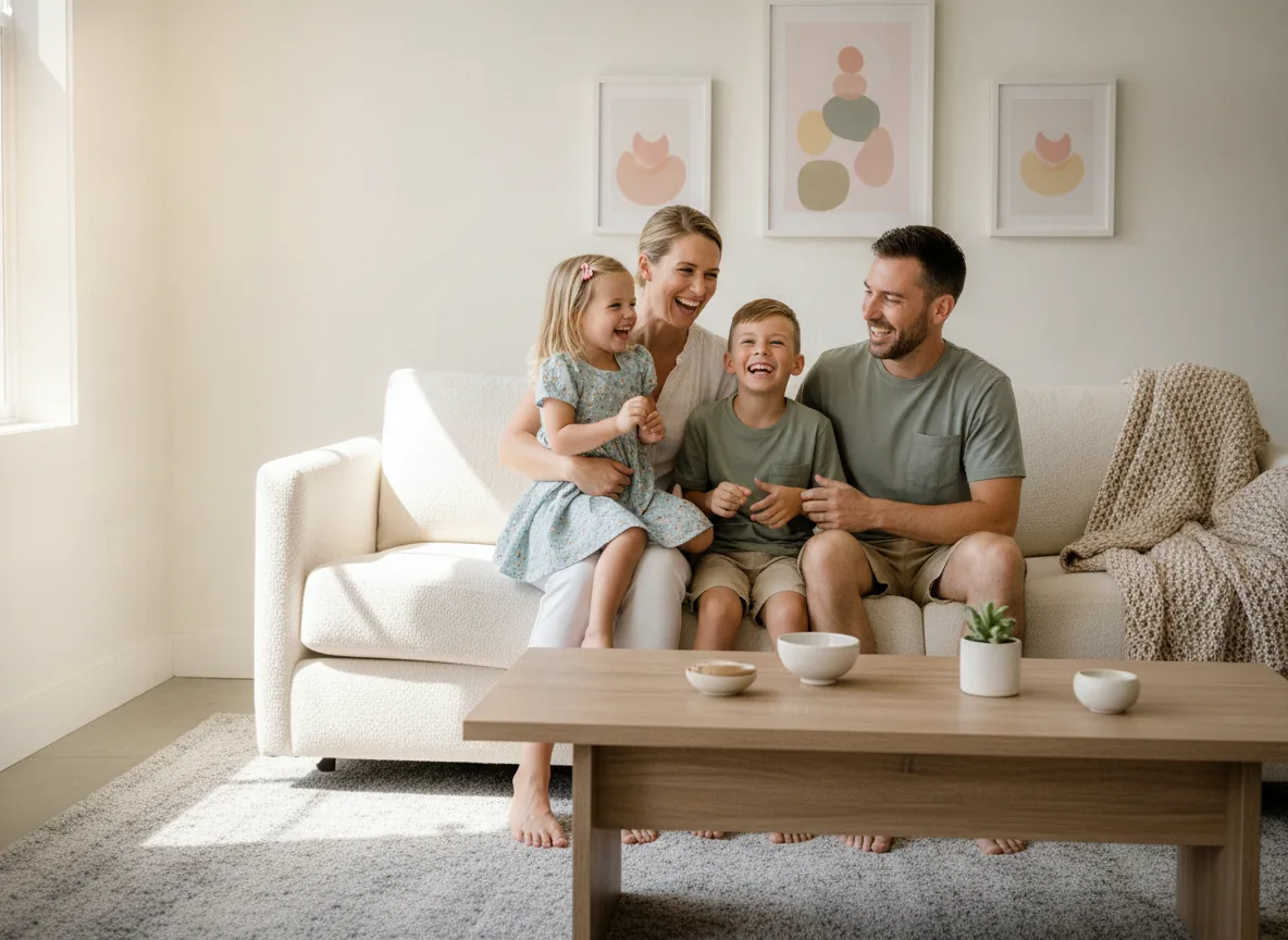 Warm family-lifestyle realism, cheerful and trustworthy mood, soft